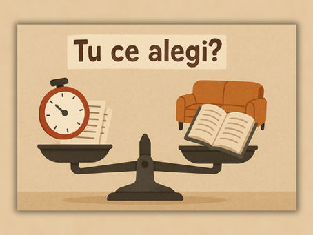 Ilustratie cu o balanta. Timpul si proiectele in partea stanga - o carte si canapeaua in partea dreapta. Intreabre: Tu ce alegi?