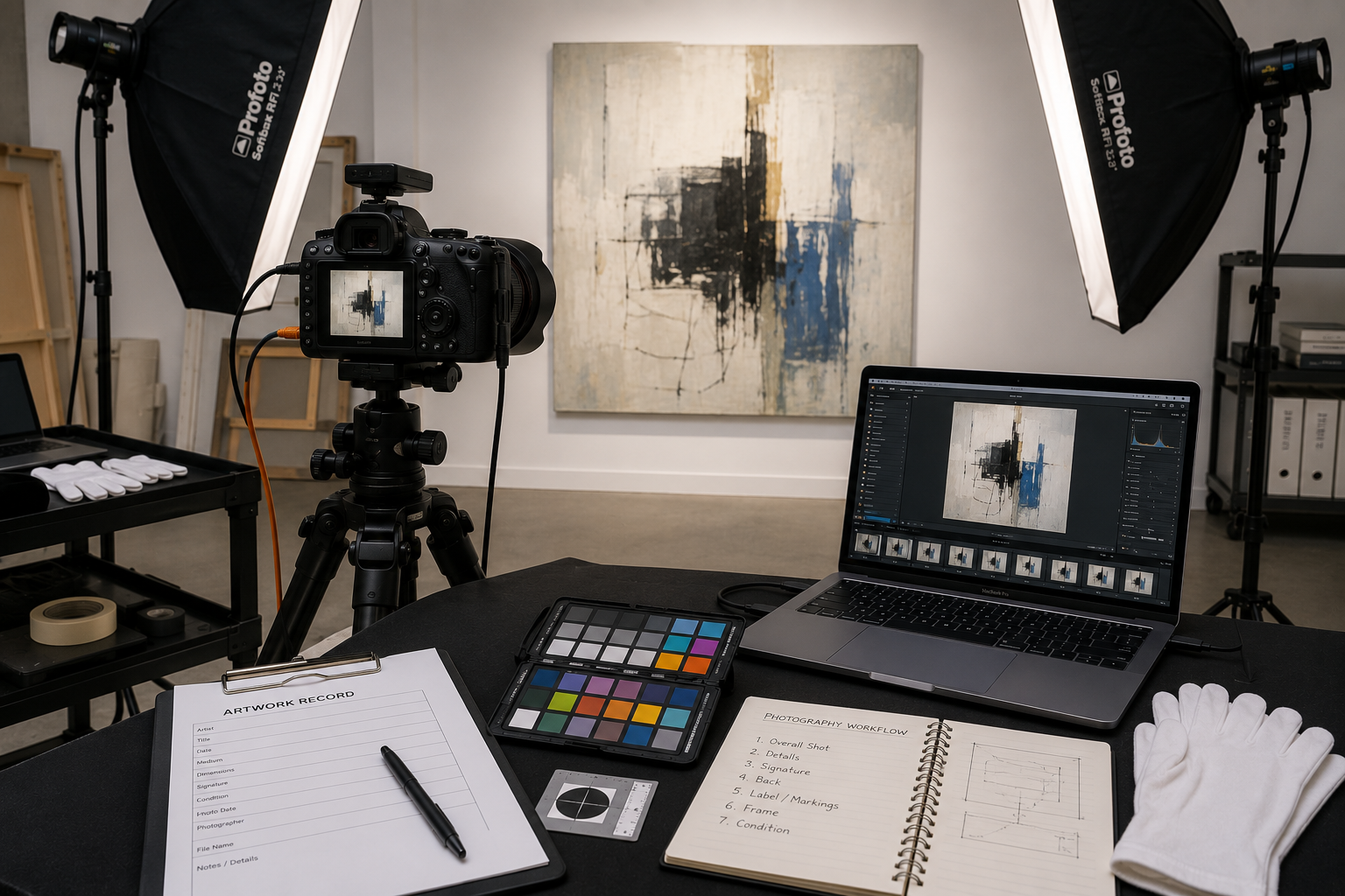 A professional camera on a tripod photographing a contemporary painting with studio lighting, a laptop, a color calibration chart, and artwork photography tools