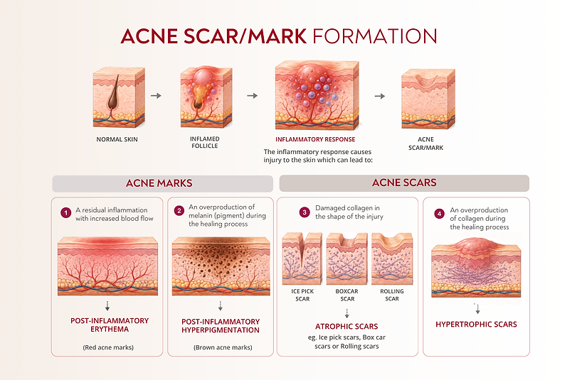 An illustration to show how acne scar/mark is formed.