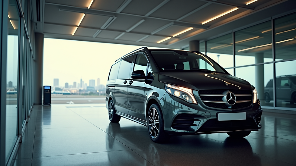 High angle view of a luxury Mercedes-Benz V-Class parked at a terminal
