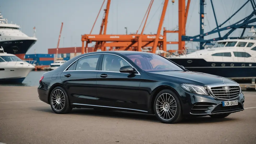 Eye-level view of a Mercedes S-Class parked by the port