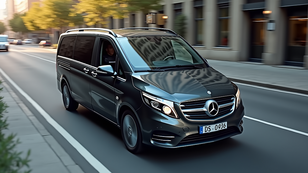 High angle view of a Mercedes V-Class driving on a city street with a chauffeur behind the wheel