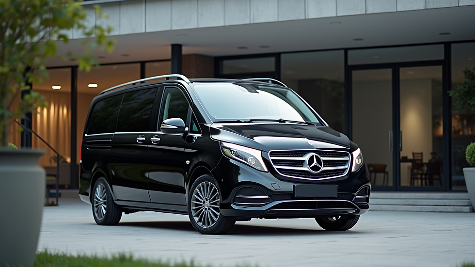 Eye-level view of a luxury black Mercedes V-Class parked outside a modern building