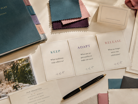 Wedding planning materials illustrating the Keep, Adapt and Release approach to intentional wedding traditions.