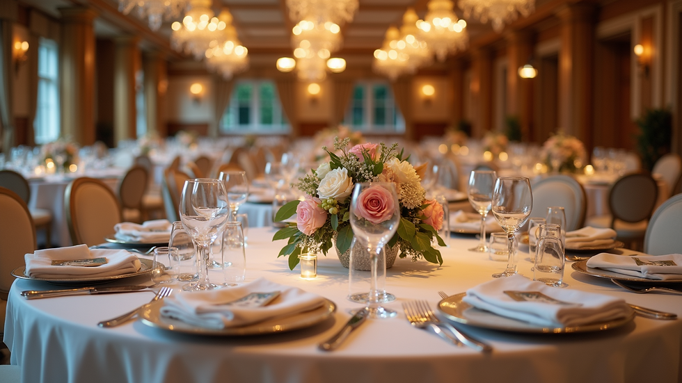 Eye-level view of a beautifully decorated event space with elegant table settings
