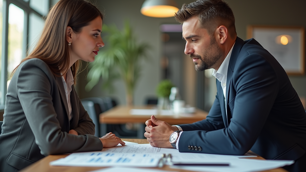 Eye-level view of a professional event planner discussing details with a client