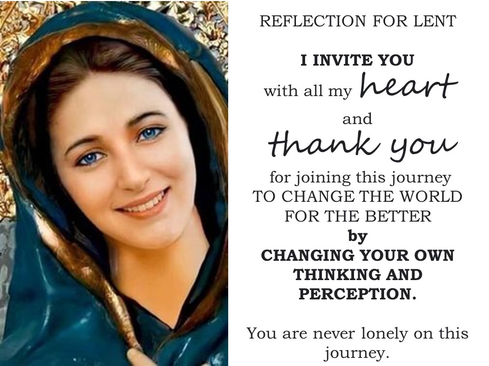 A beautiful portrait of Mary smiling with love, on the right part a message written as a thank you note