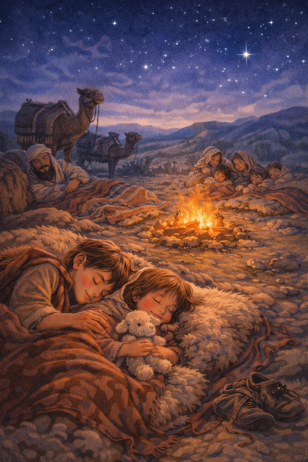 Dzieci śpią przy ognisku pod gwiaździstym niebem. Obok są wielbłądy i dorośli. Scena jest spokojna, ciepłe barwy dominują.