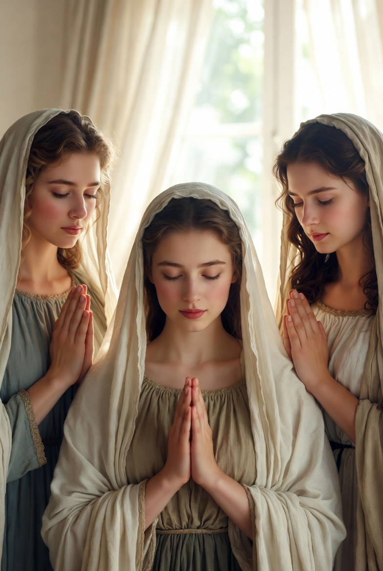 Trzy kobiety w lekkich sukniach i nakryciach głowy modlą się złączonymi rękami, zamkniętymi oczami. Delikatne światło przebija przez zasłony w tle. Jak Święte Kobiety Żyły 7 Cnót Maryi – Refleksje biblijne nad życiem świętości.