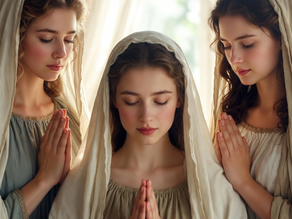 Three women in light dresses and head coverings pray with hands together, eyes closed. Soft light filters through curtains in the background. How Holy Women Lived Mary’s 7 Virtues: Biblical Reflections on a Life of Holiness.