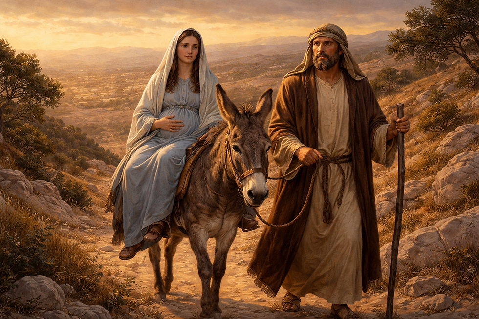 Miriam - Kobieta w niebieskiej szacie na osiołku i Józef, mężczyzna w brązowym płaszczu z laską na kamienistej drodze, spokojna sceneria o zachodzie słońca.