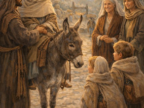 A group of people ready for the departure, Miriam is sitting on the donkey, Joseph beside her, children and two women are looking at them.