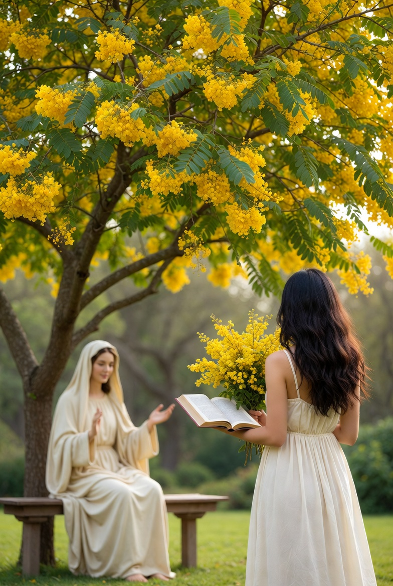 A woman, Mary in white sits on a bench gesturing, while another woman - Cassia in a dress holds a yellow bouquet and open book under a tree with yellow flowers_