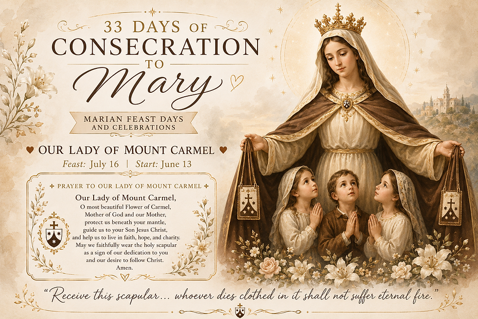 Catholic poster of crowned Mary with three praying children, floral beige backdrop, text: 33 Days of Consecration to Mary, Our Lady of Mount Carmel