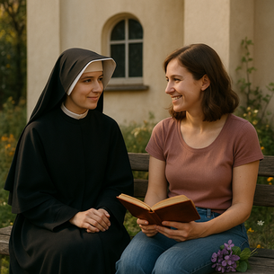 Zakonnica i kobieta siedzą na ławce w ogrodzie, rozmawiają i się uśmiechają. Kobieta trzyma książkę i fioletowy kwiat.