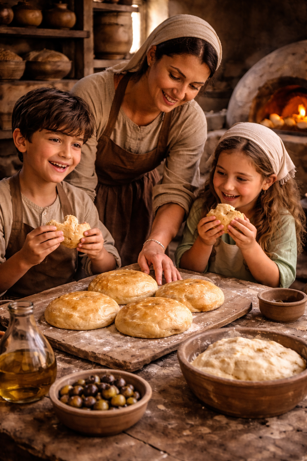 Jung children in Jesus' time are eating the freshly baked bread, a boy and a girl with the young servant helping. The series “Advent’s Way to the House of Bread” is my personal, prayerful interpretation of events from 2,000 years ago.