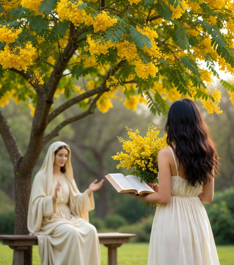 A woman, Mary in white sits on a bench gesturing, while another woman  - Cassia in a dress holds a yellow bouquet and open book under a tree with yellow flowers.
