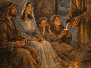 A family in brown and blue robes sits by a fire in a rustic room. An elder pours milk, creating a warm, peaceful atmosphere at night.