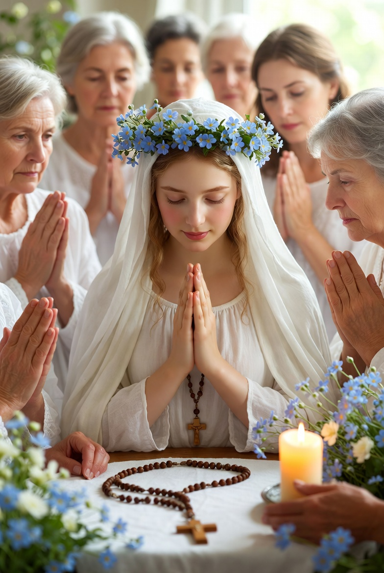 Młoda kobieta z kwiatowym wiankiem i welonem modli się w gronie innych ubranych na biało. Różaniec i świeca na stole. Spokojna, pełna pokoju atmosfera konsekracji Niepokalanemu Sercu Maryi – Koronka cnót Maryjnych. DZIEŃ 2: Klucz do pokoju na świecie - Tryumf Niepokalanego Serca Maryi.