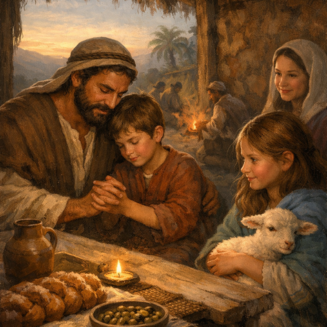 A family prays at a wooden table with bread and olives. A girl holds a lamb. Warm firelight and a rustic setting create a peaceful mood.