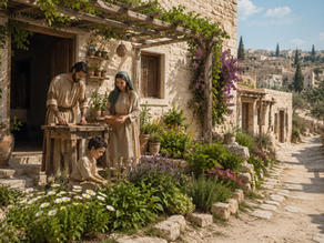 A family tending to a garden in an ancient stone village. Vibrant flowers and greenery surround them. Warm, sunny day evokes tranquility. St. Joseph at Home in Nazareth: The Gardener of Grace