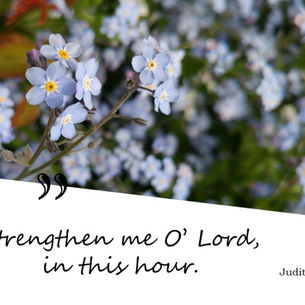 Close-up of blue flowers with blurred green background. Text reads: "Strengthen me O' Lord, in this hour. Judith 13:9, Day 21."