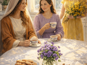 Maryja, Faustyna siedzą przy stole i piją herbatę. Kasja-Cassia z bukietem cassia stoi uśmiechnieta.Stół z ciastkami i kwiatami. Miłosierdzie Faustyna, cynamon, Duchowe przyprawy kobiecego serca