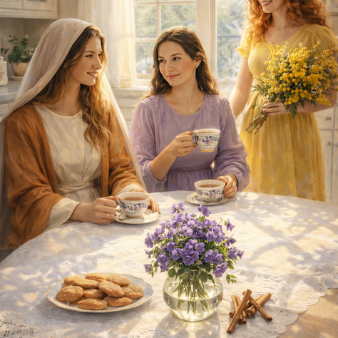 Trzy kobiety, Maryja, Faustyna, Kasja-Cassia, jedna trzyma bukiet, dwie piją herbatę. Stół z ciastkami i kwiatami. Jasne wnętrze, ciepła, przyjacielska atmosfera.