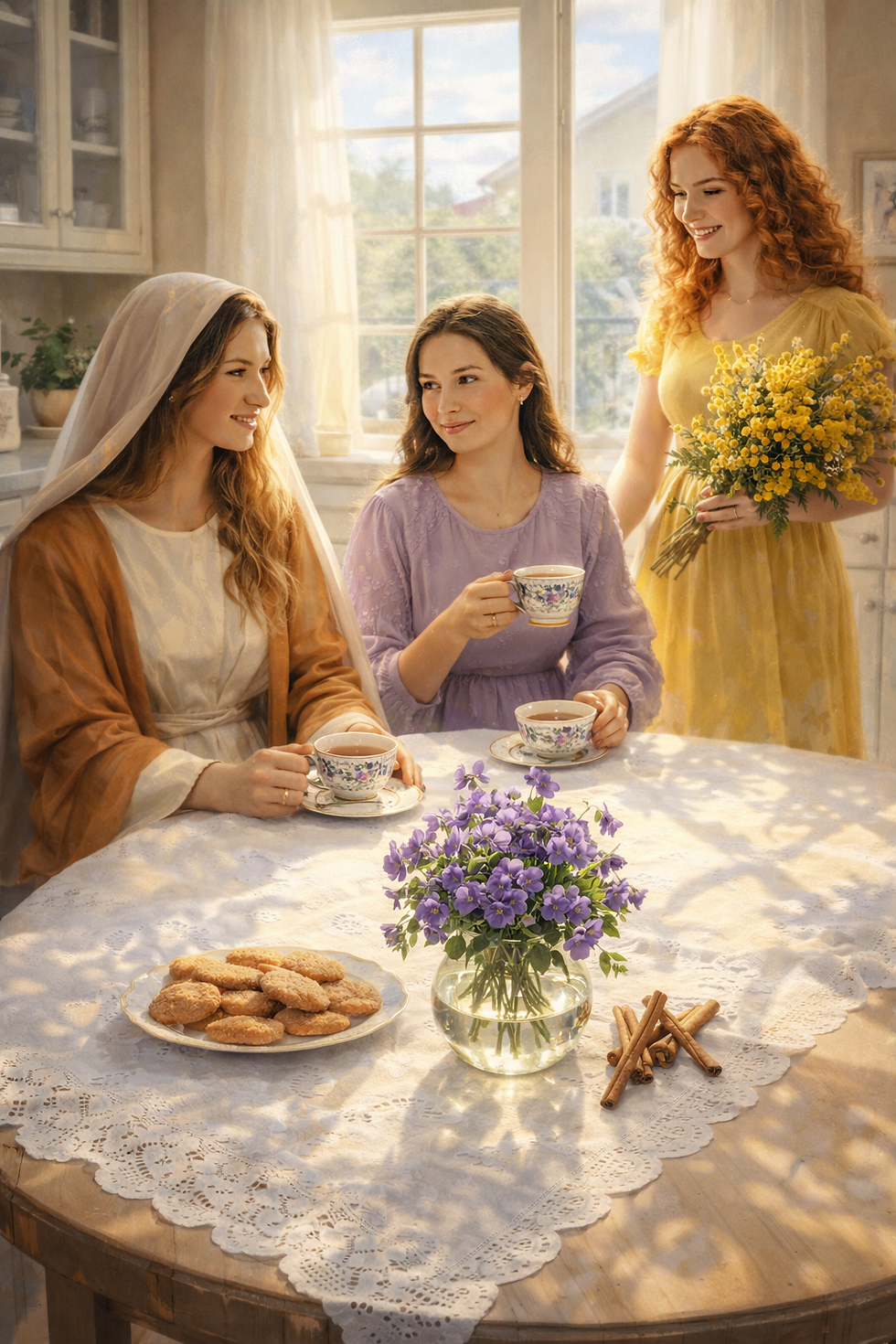 Trzy kobiety, Maryja, Faustyna, Kasja-Cassia, jedna trzyma bukiet, dwie piją herbatę. Stół z ciastkami i kwiatami. Jasne wnętrze, ciepła, przyjacielska atmosfera.