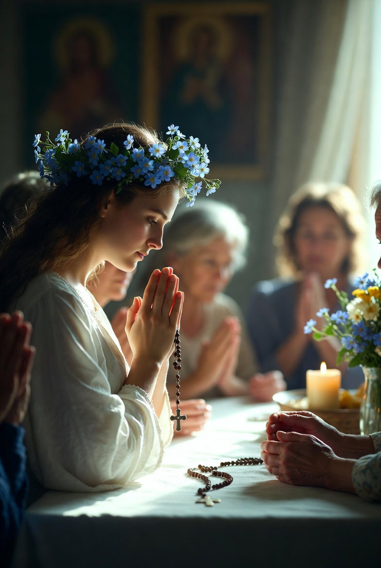 Young woman in blue flower crown prays with rosary at a table, surrounded by others. Candle and flowers evoke a serene, spiritual mood. Consecration to the Immaculate Heart of Mary; Mary's virtues chaplet. Day 3 of 33 Day Novena – Consecration to the Immaculate Heart of Mary - Freedom of Heart to Surrender.