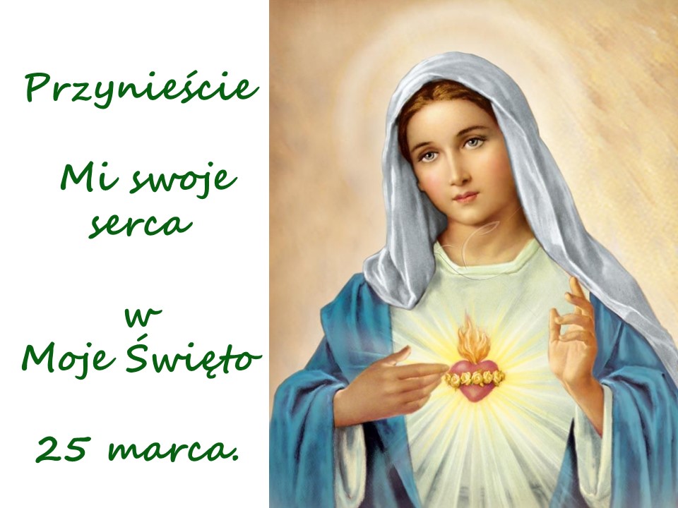 Obraz Matki Bożej wskazującej na swoje Niepokalane Serce z napisem „Przynieście Mi swoje serca” – grafika na 25 marca, uroczystość Zwiastowania Pańskiego i koniec nowenny 33 dni