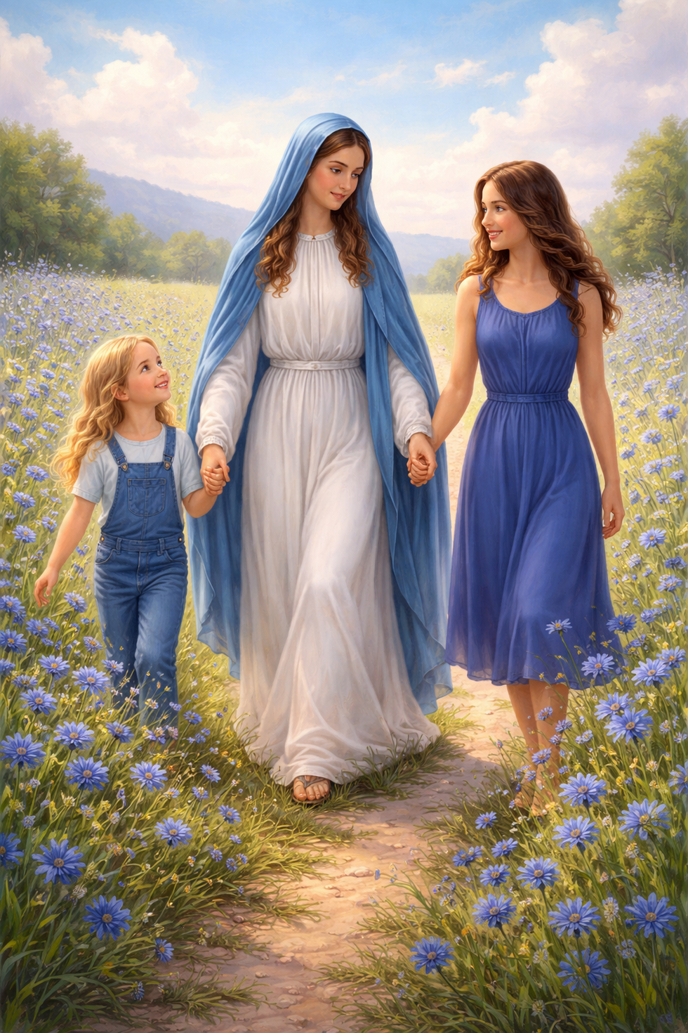 Three women walk across a flowered meadow. The central figure wears a white robe and blue mantle, th
