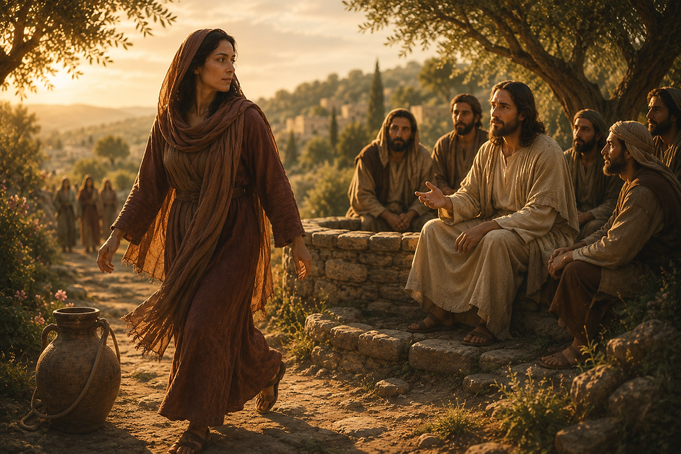 Samaritan Woman in a brown robe walks past seated men in a sunlit hillside village at sunset, with a clay jar nearby.