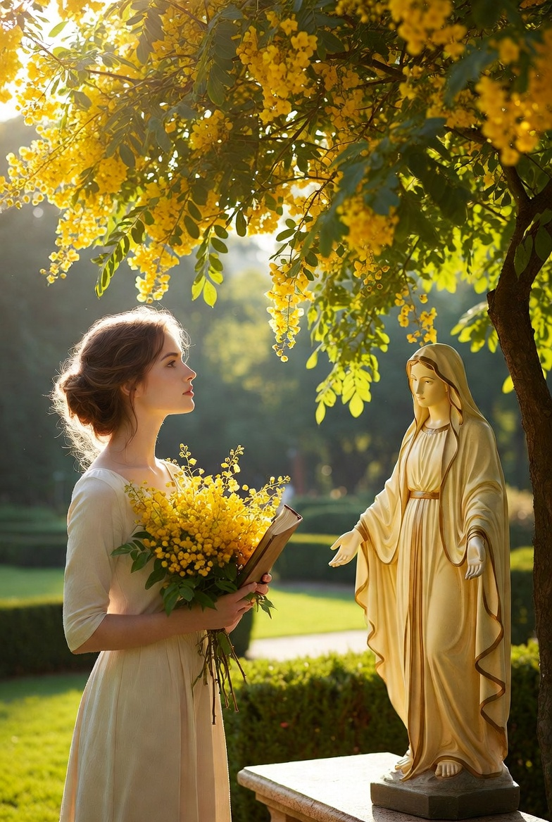Kobieta przynosi żółty bukiet cassii do figury Matki Bożej w ogrodzie, pod kwitnącym drzewem cassii – scena na święto maryjne