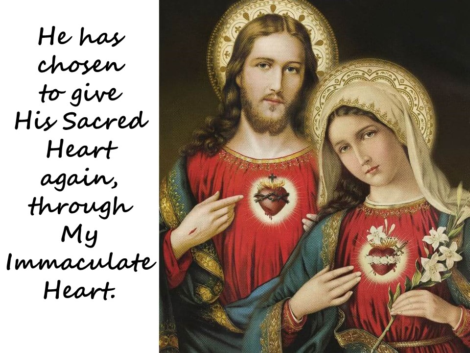 Mary and Jesus pointing to Their Hearts and a message in script on a white background telling Mary's message about Jesus