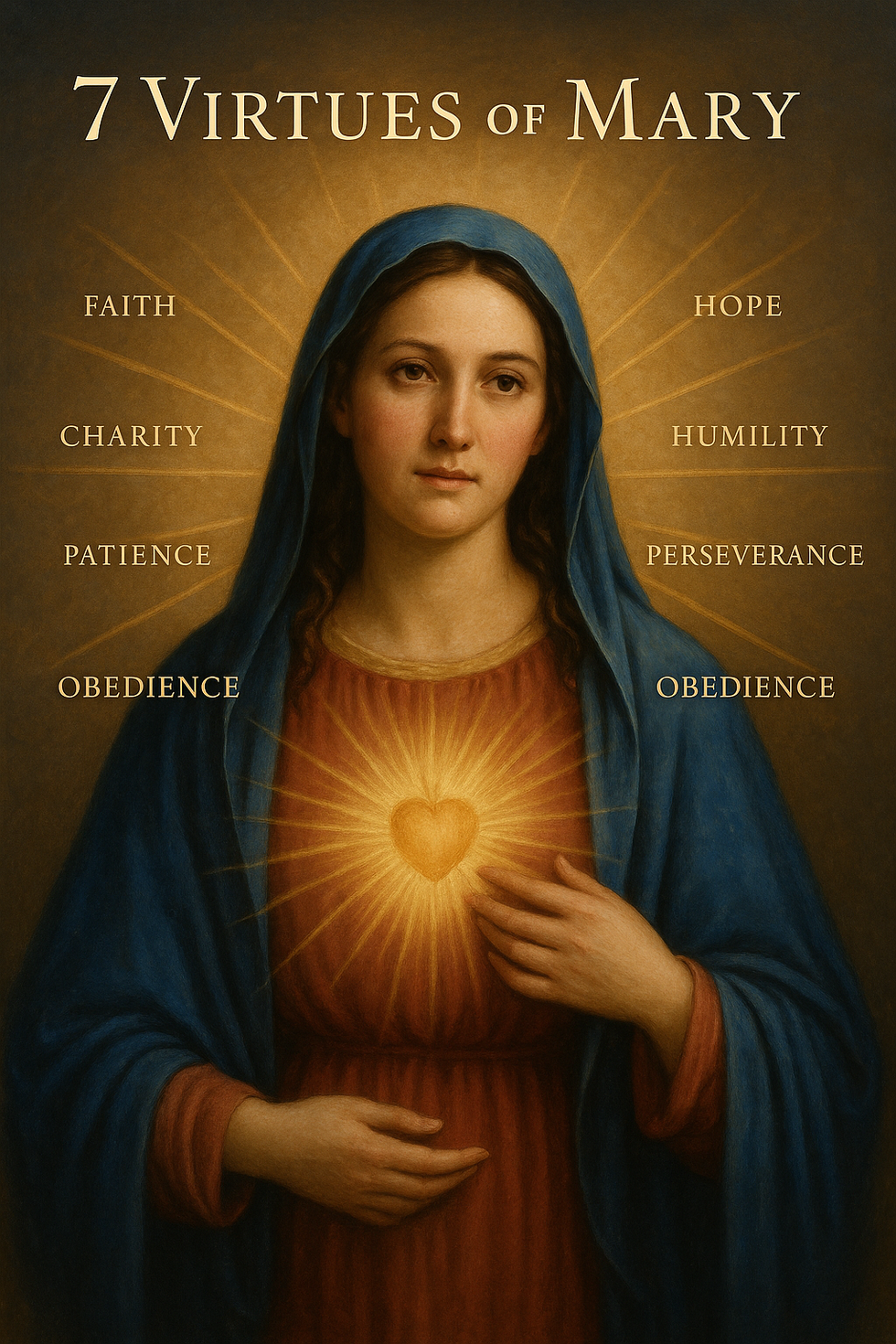 A portret of Mary pointing to Her Heart surrounded with words of 7 virtues