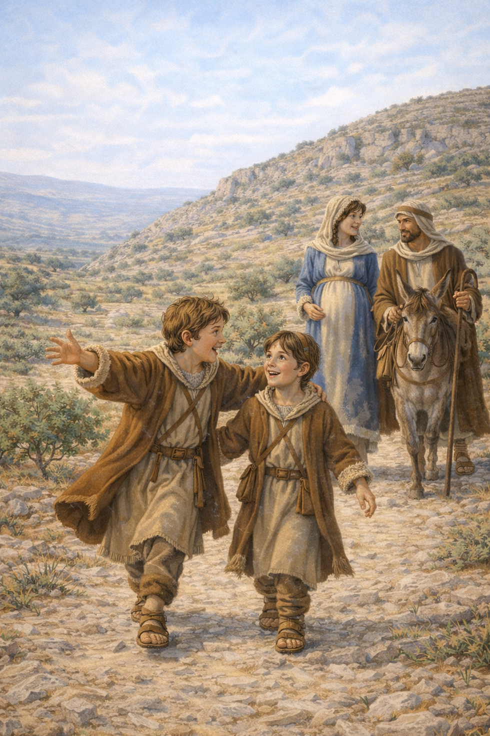 Two kids in brown robes walk joyfully on a rocky path. Behind them, a couple with a donkey walks in a hilly landscape under a blue sky. Mary and Joseph.