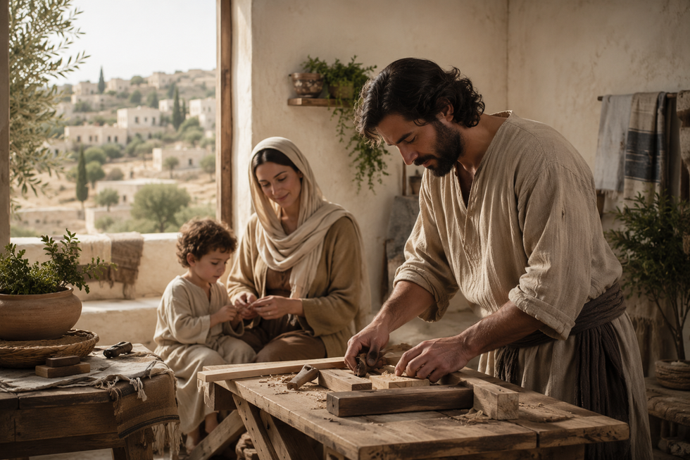 Man carving wood at a table, woman and child seated nearby, rustic interior with plants, and a scenic village view through a window - holy family in the 21st century. St. Joseph at Home in Nazareth: The Gardener of Grace