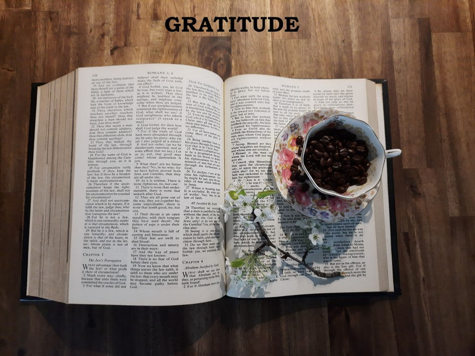 A warm cup of tea next to an open Bible, symbolizing a peaceful morning with God's Word.