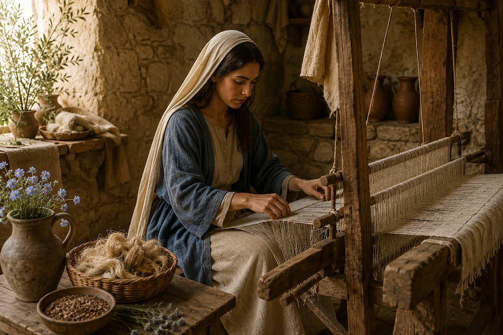 Woman in a blue dress and cream headscarf weaves at a loom in a rustic room with pottery, baskets, and flowers. It is a reflection of Flax and the Heart of Mary - the Beauty of Silent Offering and Spiritual Strength