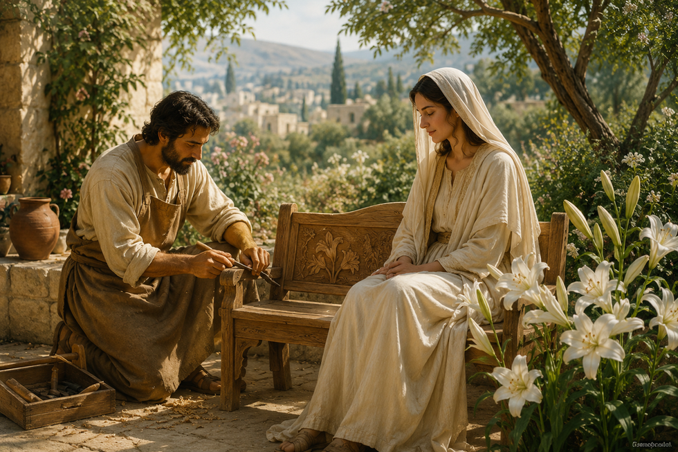 A serene, sunlit garden in ancient Nazareth inspired setting. A humble carpenter’s workshop blends into nature with olive trees, stone walls, and blooming lilies. In the center stands a beautifully handcrafted wooden bench, carved with delicate lily motifs. The atmosphere is peaceful and sacred.