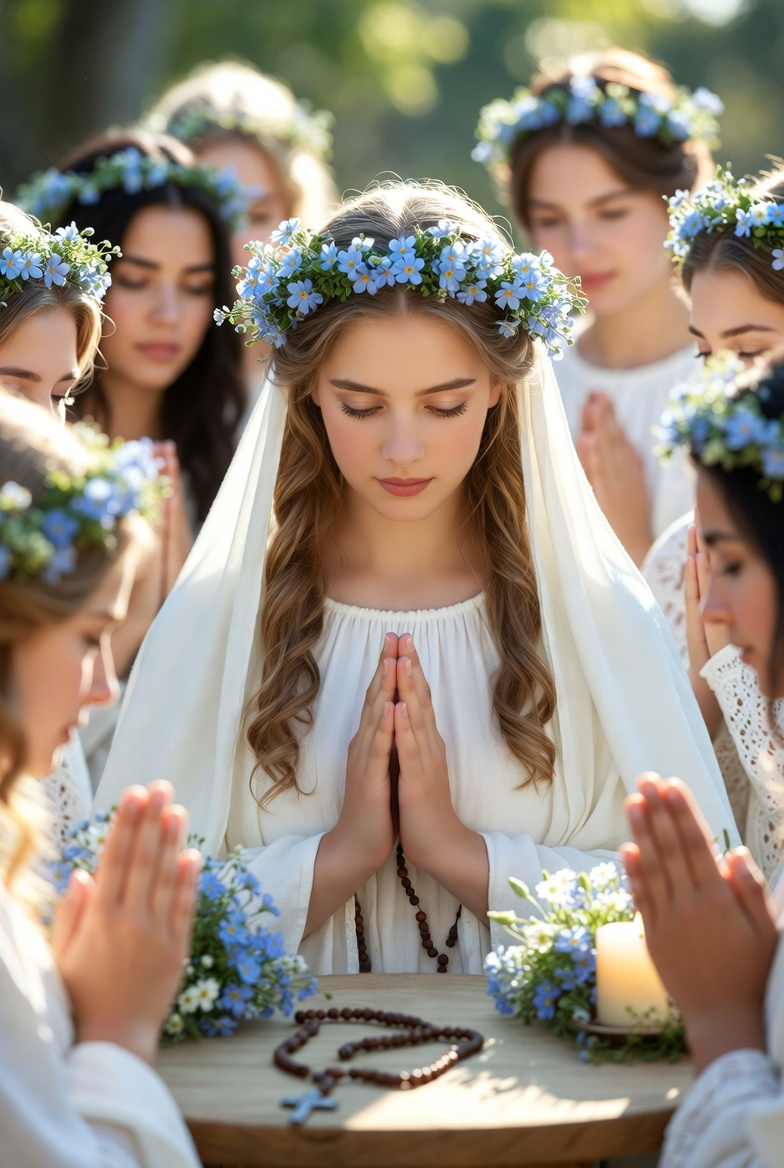 Women in white pray around a table with flowers and a candle. One wears a blue flower crown, creating a serene, peaceful mood. Consecration to the Immaculate Heart of Mary; Mary's virtues chaplet