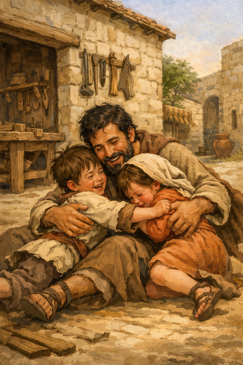 Mężczyzna z dwójką dzieci, radosne objęcia na kamienistej ulicy. Jasne barwy, narzędzia na ścianie. Ciepła, rodzinna atmosfera.