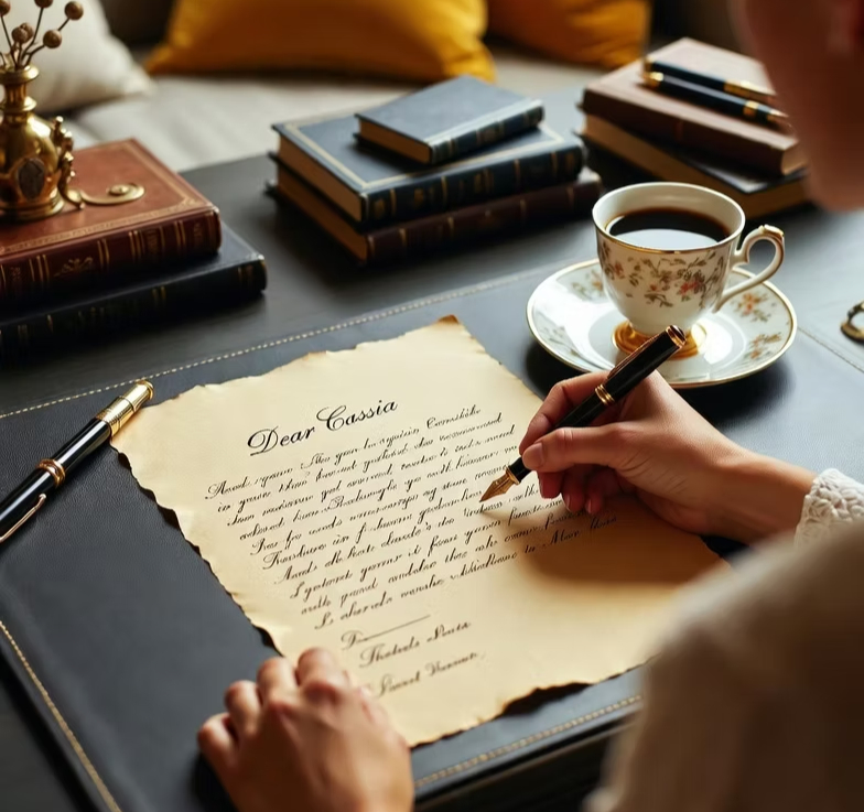 A woman writing a letter on parchment titled "Dear Cassia"