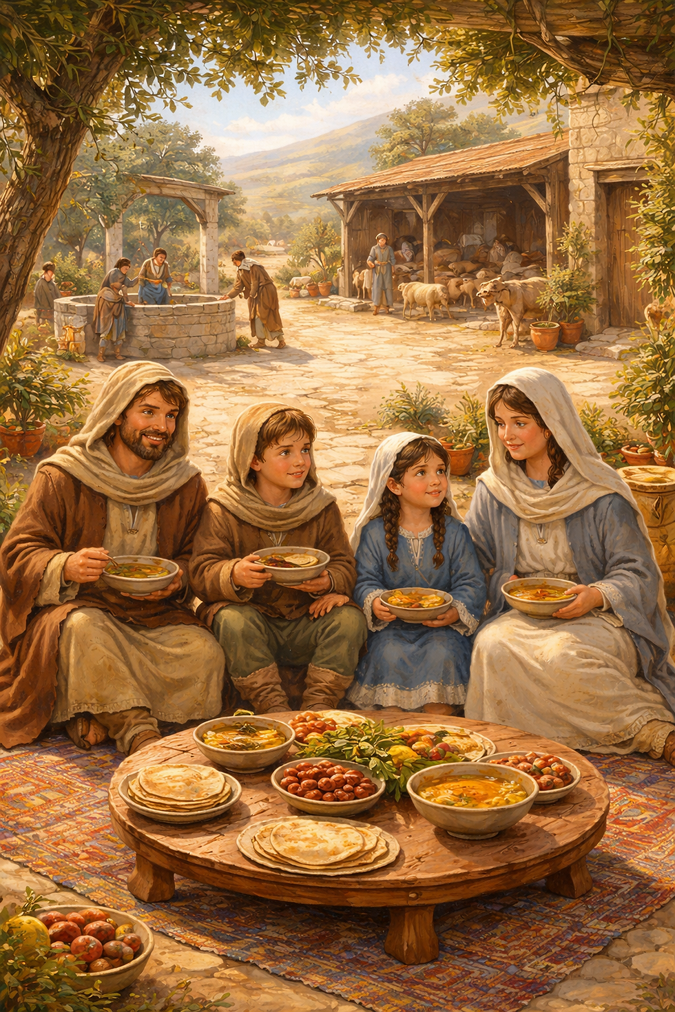 Rodzina w strojach biblijnych je posiłek na zewnątrz, przy drewnianym stole. W tle ludzie przy studni, stajnia z owcami, spokojna atmosfera.