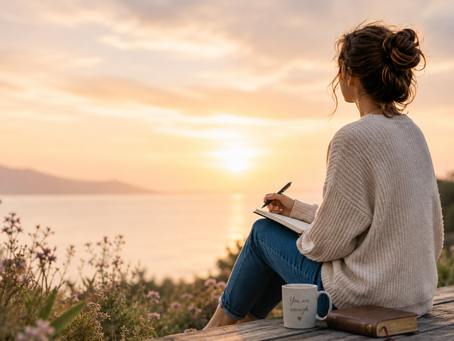 Woman journaling by a peaceful lake at sunset.