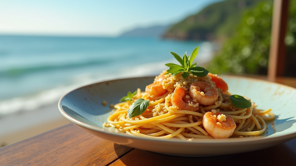 Eye-level view of a seafood pasta dish with Thai herbs on a wooden table by the sea
