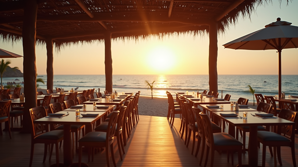 Wide angle view of a beachfront restaurant with wooden tables and sea view at sunset