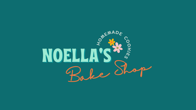 A brightly colored logo with a 50's retro vibe. The text reads "Noella's Bake Shop. Homemade Cookies."