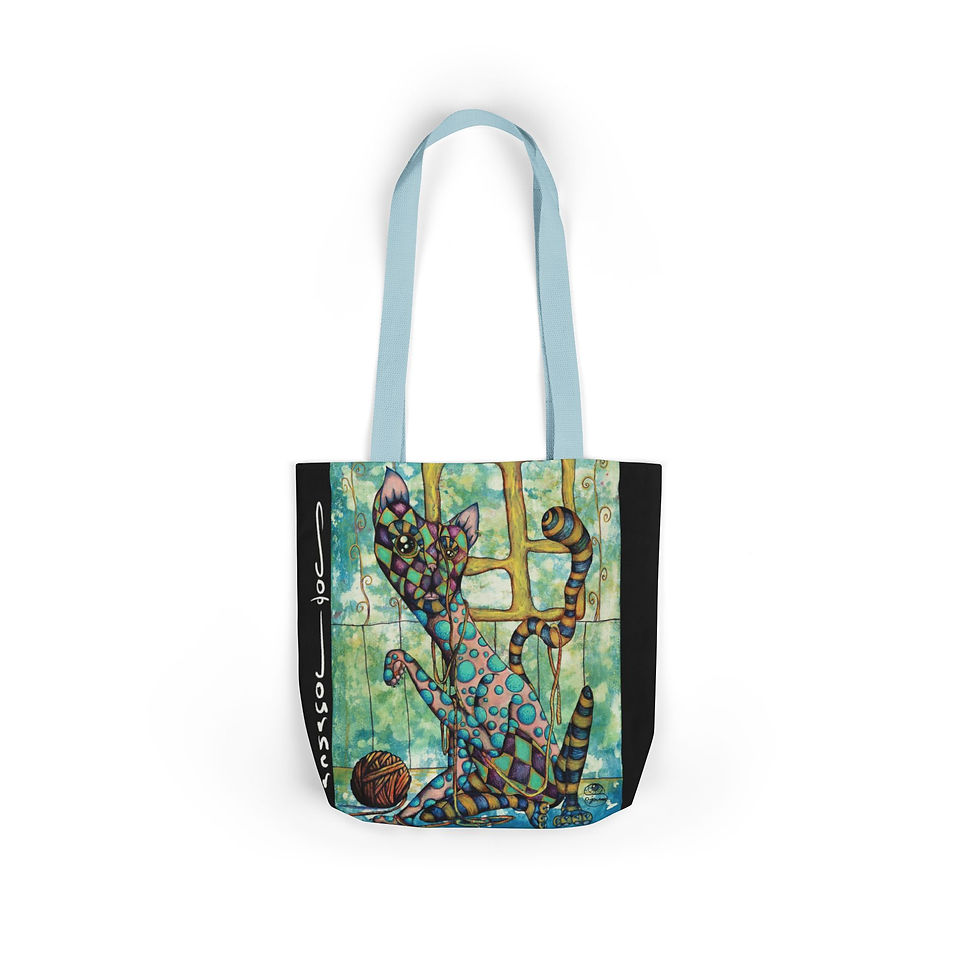Thumbnail: Funky Cat Canvas Tote — Colorful Whimsical Cat & Ball Design